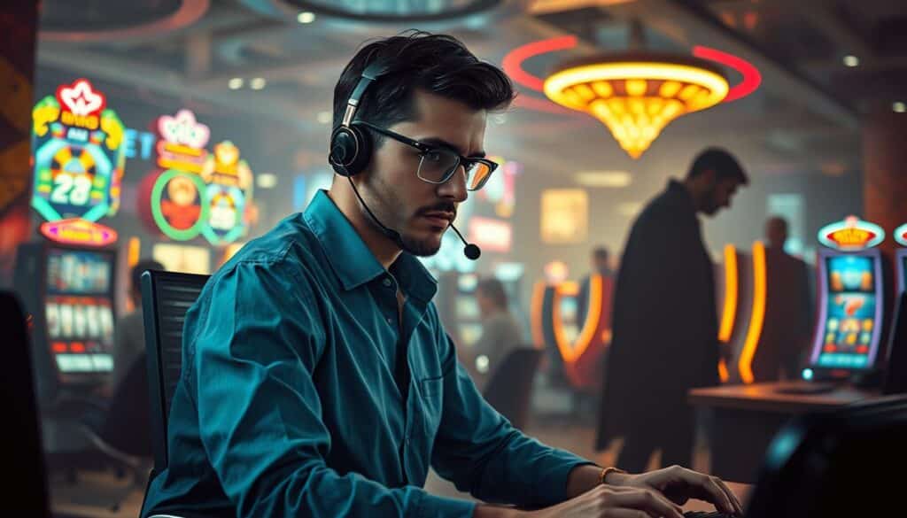 A customer service representative facing a series of challenges in an online casino gaming environment. In the foreground, the agent sits at a desk, brow furrowed in concentration, as they navigate a complex web of customer inquiries on multiple screens. The middle ground reveals a chaotic backdrop of flashing lights, spinning slot machines, and the faint sound of ringing phones, creating an atmosphere of high-intensity and unpredictability. In the background, a sense of unease and uncertainty looms, with the silhouettes of disgruntled players casting long shadows, highlighting the delicate balance the agent must maintain between providing excellent service and managing difficult situations. Soft, dramatic lighting casts dramatic shadows, emphasizing the weight of the challenges faced by the on-line customer service representative.
