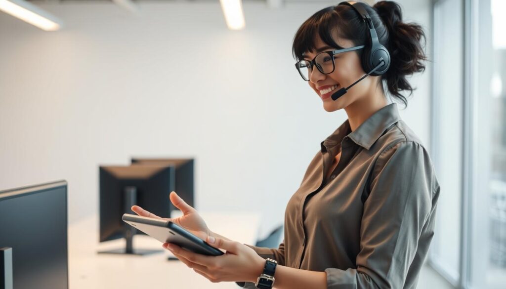A customer service representative standing in a well-lit, modern office environment, assisting a customer via a tablet device. The representative has a warm, friendly expression and is gesturing with their hands, conveying efficient and attentive service. In the background, a sleek, minimalist desk setup and computer monitors suggest a professional, technology-driven setting. The overall scene projects an atmosphere of seamless, responsive customer support, reflecting the fast-paced and technologically advanced online gaming industry.