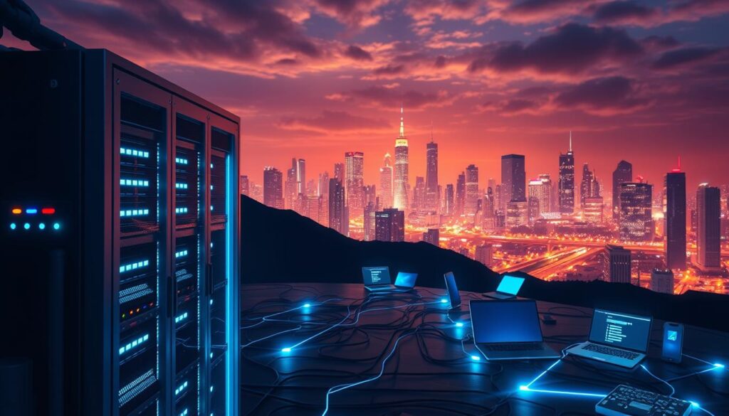 A cybersecurity-themed landscape showcasing various security technologies. In the foreground, a sleek, high-tech server rack with blinking status lights and cooling fans. In the middle ground, a series of networked devices such as laptops, smartphones, and IoT sensors, all connected by glowing data cables. In the background, a city skyline with futuristic skyscrapers and a night sky illuminated by the glow of digital displays. Dramatic lighting casts shadows and highlights the technological elements, creating a sense of power and sophistication. The overall mood is one of advanced, secure technology safeguarding digital systems and user privacy.
