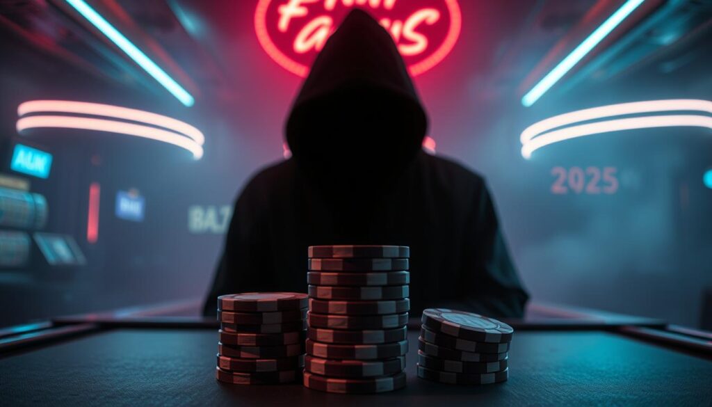 A dark and foreboding casino backdrop, with neon lights casting an ominous glow. In the foreground, a shadowy figure shrouded in mystery, representing the "2025 gambling scam list" - a warning to unsuspecting players. The middle ground features a stack of tarnished casino chips, a metaphor for the financial risks and deception. The background is hazy, with a sense of unease and uncertainty, conveying the secretive nature of these scams. The lighting is dramatic, creating a chiaroscuro effect that heightens the sense of danger and unease. The composition is balanced, with the central figure drawing the viewer's eye, while the supporting elements add depth and context to the scene.