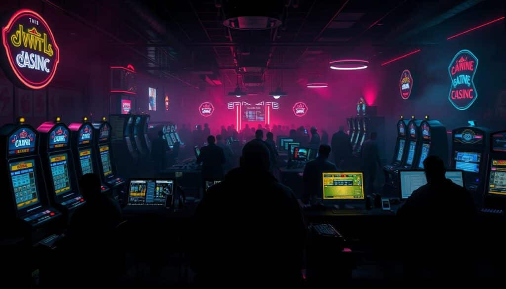 A dark and foreboding casino interior, with dimly lit slot machines and gaming tables. In the foreground, shadowy figures hunched over computers, orchestrating a complex web of fraudulent transactions. The middle ground is filled with oblivious patrons, unaware of the illicit activities unfolding around them. The background is a hazy mix of neon lights and smoky atmosphere, creating a sense of unease and deception. Harsh, dramatic lighting casts sharp shadows, emphasizing the sinister nature of the scene. The overall atmosphere is one of suspicion, greed, and the twisted machinations of those who seek to exploit the unsuspecting.