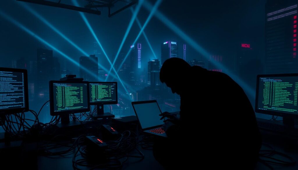 A dark and foreboding cityscape, hazy with the glow of digital screens. In the foreground, a shadowy figure hunched over a laptop, fingers flying across the keyboard. Behind them, a tangled web of wires and cables snakes across the floor, connecting a series of monitors displaying streams of code and stolen financial data. The atmosphere is tense, the air thick with the threat of digital deception. Beams of eerie, neon-tinged light slice through the gloom, casting an ominous pall over the scene. This is the realm of online fraud, a world of faceless criminals and unsuspecting victims. The image conveys the urgent need for vigilance and the importance of educating the public on the methods and dangers of this insidious crime.