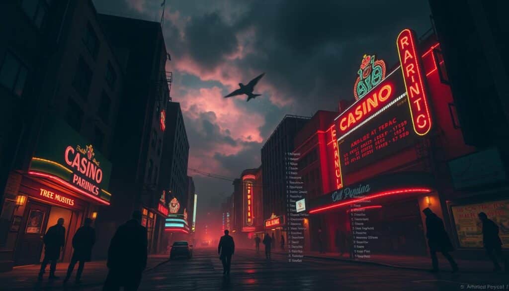 A dark and foreboding cityscape, with a neon-lit casino façade dominating the scene. Shadowy figures lurk in the alleyways, their intentions unclear. The sky is heavy with an ominous atmosphere, casting an eerie glow over the entire scene. In the foreground, a list of names appears to be floating, its text obscured by a sense of danger and deception. The image suggests a world of illicit activities and the need for vigilance against the dangers that lurk within the world of online gambling.