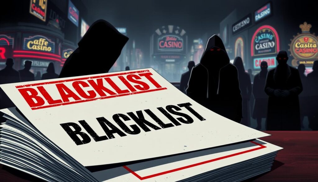 A dark and foreboding illustration of a "blacklist" for online gambling establishments. In the foreground, a stack of ominous documents stamped with the words "BLACKLIST" in bold, red letters, conveying a sense of warning and exclusion. The middle ground features silhouettes of suspicious figures, their identities obscured, hinting at the shadowy nature of the industry. In the background, a gloomy cityscape with neon-lit casino facades, suggesting the pervasive influence of these establishments. The lighting is dramatic, with a heavy, moody atmosphere created by deep shadows and muted hues of black, red, and gray. The overall composition evokes a sense of danger, mistrust, and the need for vigilance when navigating the world of online gambling.