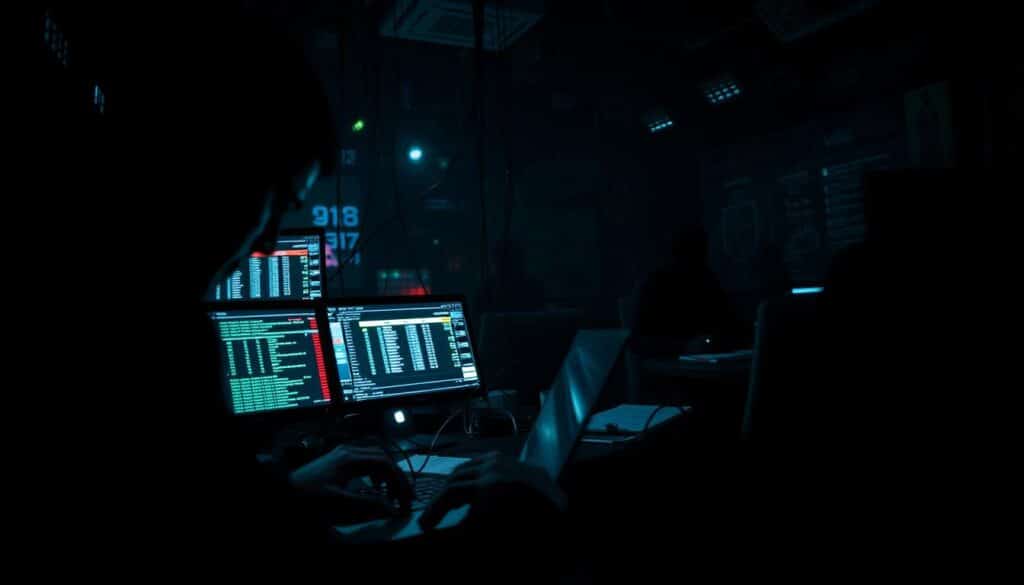 A dark and gritty scene of a casino fraud scheme unfolding. In the foreground, a shadowy figure hunched over a laptop, fingers tapping away as they navigate a complex web of online platforms. The middle ground reveals a tangle of wires and screens, displaying financial data and login credentials. In the background, the ominous silhouettes of other players, their faces obscured, suggest a larger criminal operation at work. Dramatic lighting casts deep shadows, creating an atmosphere of tension and deception. The scene is captured through a wide-angle lens, emphasizing the claustrophobic, high-stakes nature of the casino fraud.