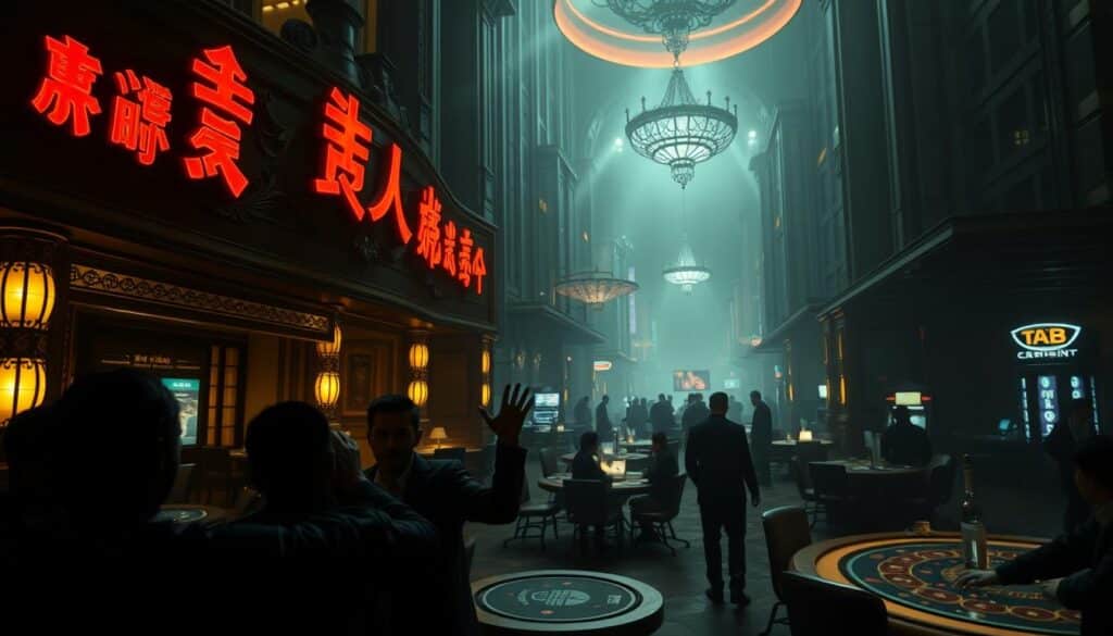 A dark and ominous casino facade, the "富遊娛樂城" signage cast in an eerie glow. Shadows creep across the ornate exterior, hinting at the deceptive nature within. In the foreground, a group of distressed casino-goers gesture frantically, their faces etched with concern. The middle ground reveals a labyrinth of gaming tables, where shadowy figures lurk, ready to prey on the unwary. The background is shrouded in a hazy, foreboding atmosphere, suggesting the pervasive air of risk and vulnerability that permeates this establishment. A cinematic, high-contrast lighting scheme emphasizes the sense of danger and unease. The overall impression is one of a casino that conceals a dark, predatory underbelly, a cautionary tale of the perils that await the unsuspecting player.
