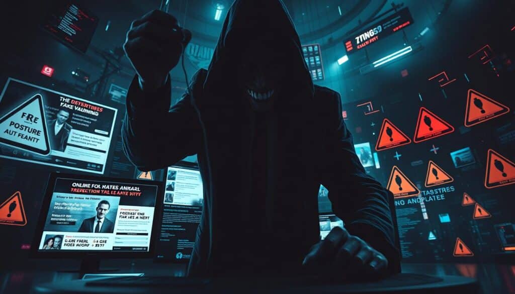 A dark and ominous scene depicting the online gambling fraud warning. In the foreground, a shadowy figure with a sinister grin hovers over a computer screen, manipulating strings like a puppeteer. The middle ground shows a web of false advertisements, fake testimonials, and enticing offers luring unsuspecting victims. In the background, a chaotic landscape of digital glitches, data streams, and warning signs flashes ominously, conveying the gravity of the deception. The lighting is harsh and dramatic, casting long shadows and creating a sense of unease. The camera angle is low and slightly tilted, adding to the sense of danger and unease. The overall mood is one of foreboding and the urgent need to heed the warning against these online gambling scams.