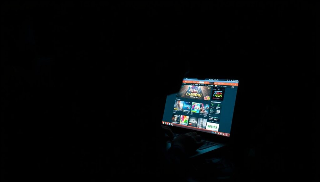 A dark, dimly lit room with a laptop on a cluttered desk. The screen displays an online gambling website, luring the viewer in with flashy graphics and enticing offers. In the foreground, a shadowy figure sits hunched over, their face partially obscured, hands poised over the keyboard. The atmosphere is tense, with a sense of unease and foreboding. Dramatic side lighting casts long, ominous shadows, highlighting the sinister nature of the scene. The overall mood is one of suspicion, deception, and the high stakes of online fraud.