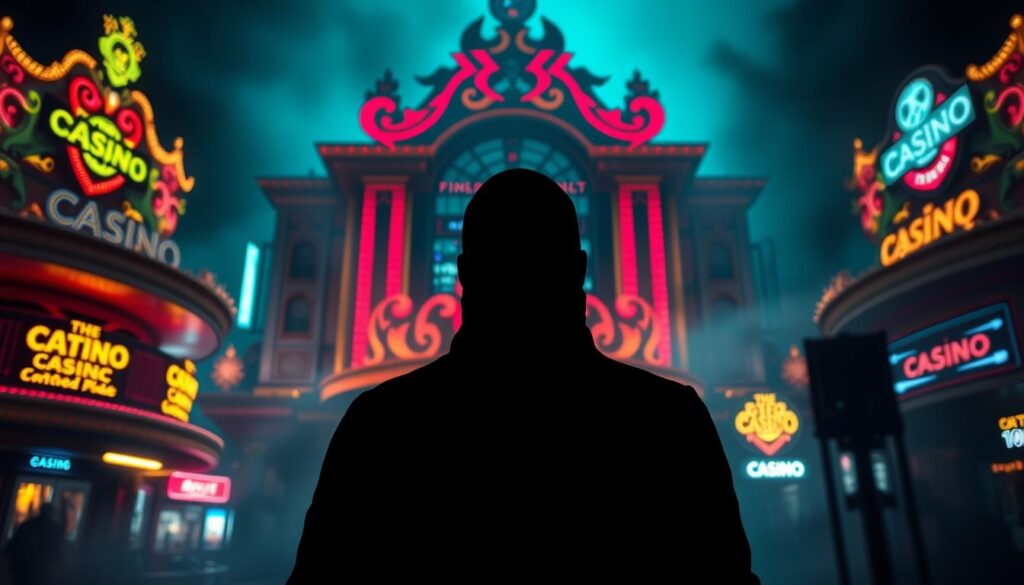 A dark, foreboding casino facade looms, its ornate architecture cast in an eerie glow. In the foreground, a shadowy figure stands, face obscured, representing the fraudulent operators behind the "2025 Entertainment City Scam List". The background is hazy, with neon signs and flashing lights creating an unsettling atmosphere, hinting at the deception and financial ruin that await unwary players. The lighting is dramatic, with dramatic shadows and highlights emphasizing the sinister nature of the scene. The composition is balanced, drawing the viewer's eye to the central figure and the casino, conveying a sense of impending danger and the need for vigilance.