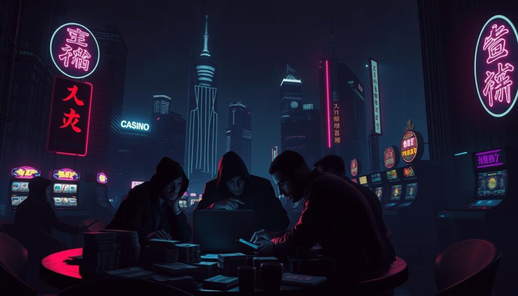 A dark, neon-lit cityscape at night, with the silhouettes of tall skyscrapers casting long shadows. In the foreground, a group of shady figures huddled around a dimly lit table, surrounded by the trappings of a shady gambling operation - stacks of cash, a laptop, and the ominous glow of a smartphone. The atmosphere is tense, with an underlying sense of danger and deception. Flickering neon signs and the faint sounds of slot machines create an eerie, seedy ambiance, hinting at the illicit activities taking place within the shadows of the "娛樂城" (casino).