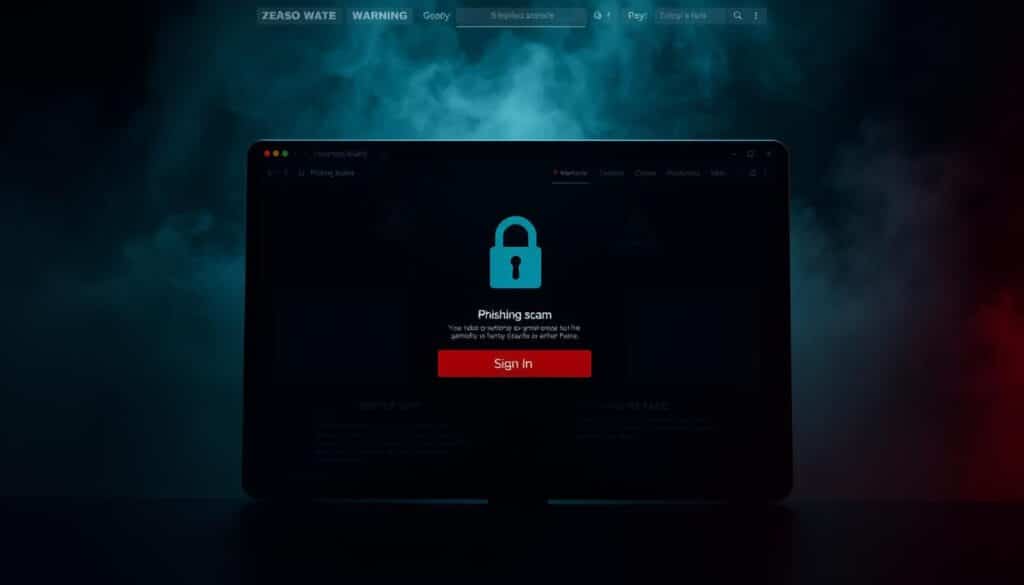 A dark, ominous-looking website interface with a padlock icon and warning signs, set against a gloomy, shadowy background. The foreground features a phishing scam pop-up window with an aggressive "Sign In" button, designed to lure unsuspecting users. The middle ground showcases various red flags, such as suspicious URLs, dubious branding, and poor grammar. The background is hazy and foreboding, conveying a sense of danger and deception. The lighting is dramatic, with strong chiaroscuro effects to enhance the sense of unease. The overall mood is one of caution and vigilance, emphasizing the risks associated with fraudulent online gambling websites.