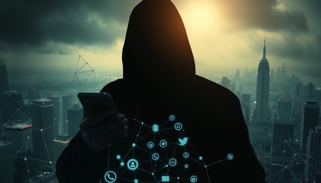 A dark, ominous social media landscape with a sinister undercurrent. In the foreground, a shadowy figure manipulating a smartphone, their face obscured, symbolizing the predatory nature of social media fraud. In the middle ground, a tangle of digital connections and icons, hinting at the complex web of deception. The background is a hazy, distorted cityscape, suggesting the far-reaching impact of these crimes. Dramatic chiaroscuro lighting casts dramatic shadows, creating a sense of unease and foreboding. The overall mood is one of suspicion, vulnerability, and the unseen dangers lurking within the digital realm.