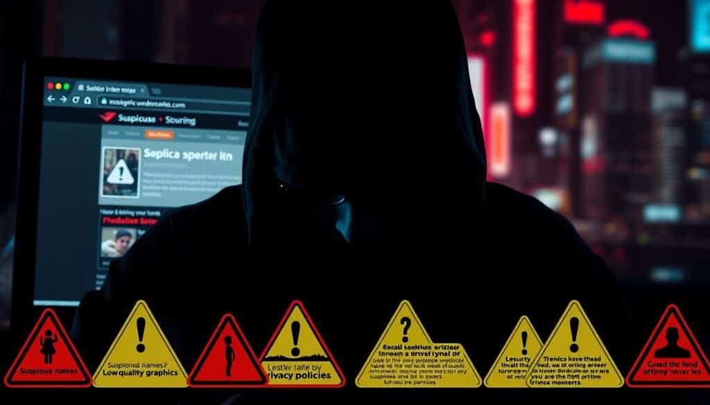 A dark, shadowy figure peers over a computer screen, scrutinizing a suspicious website. In the foreground, an array of warning signs - suspicious domain names, low-quality graphics, and questionable privacy policies - are displayed in stark contrast. The middle ground features a stylized web browser interface, with security alerts and warning indicators highlighting potential threats. The background depicts a blurred, neon-lit cityscape, hinting at the larger landscape of online deception. The lighting is dramatic, with deep shadows and highlights emphasizing the ominous mood. The camera angle is slightly tilted, creating a sense of unease and distrust. The overall composition conveys the importance of vigilance and the need to carefully evaluate online platforms before engaging with them.