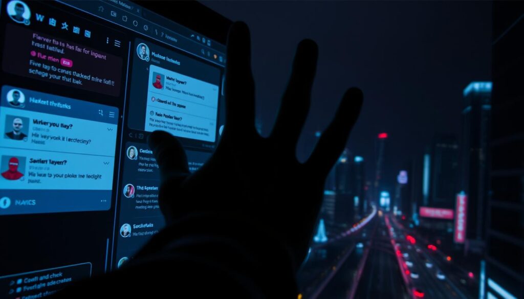 A dark social media interface with suspicious-looking chat windows and profile icons. In the foreground, a hacker's hand reaches out from the screen, casting an ominous shadow. The middle ground features a tangled web of connection lines, hinting at the complex web of deception. The background is a dimly lit, neon-tinged cityscape, suggesting the urban setting where these scams often originate. The overall tone is tense, unsettling, and warns of the hidden dangers lurking in the digital realm.