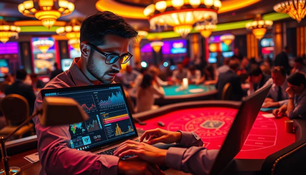 A data analyst in a casino, carefully examining charts and graphs on a laptop, illuminated by the warm glow of desk lamps. In the background, the vibrant colors and dynamic atmosphere of a bustling baccarat table, players engrossed in the game. The analyst's focused expression and the abundance of data visualizations convey the importance of data analysis in successful betting strategies.