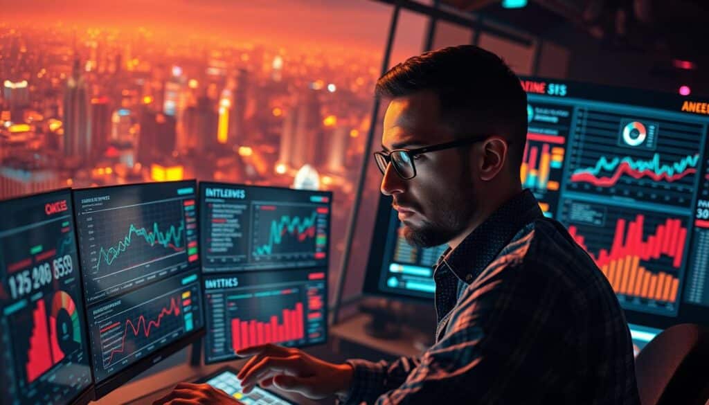 A data analyst scrutinizing game analytics dashboards, surrounded by an array of visualization charts and graphs, all bathed in a warm, focused lighting. In the background, a sprawling digital cityscape of a virtual game world, hinting at the interconnected layers of player behavior and game metrics. The analyst's expression is one of deep contemplation, as they uncover insights that will shape the future development and optimization of the online casino game. The overall scene conveys the pivotal role of data analysis in guiding game design decisions and ensuring a compelling player experience.