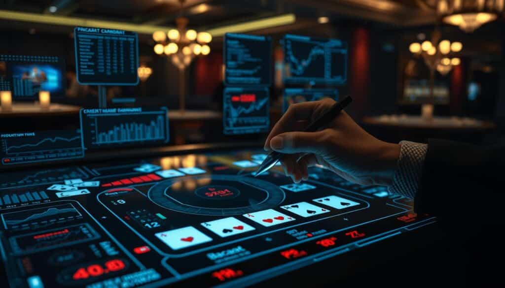 A data analyst studying the patterns and probabilities of a Baccarat game board. The foreground shows a hand carefully tracing the movement of cards with a digital stylus, highlighting key data points on a high-resolution display. The middle ground features an array of statistical charts, probability curves, and analytical tools, creating a sense of deep, data-driven insight. In the background, a dimly lit casino environment sets the mood, with the faint glow of gaming tables and the hushed atmosphere of strategic gameplay. Cinematic lighting casts dramatic shadows, emphasizing the focus and concentration of the analyst. The overall scene conveys the power of data-driven strategies to unlock the secrets of this classic casino game.