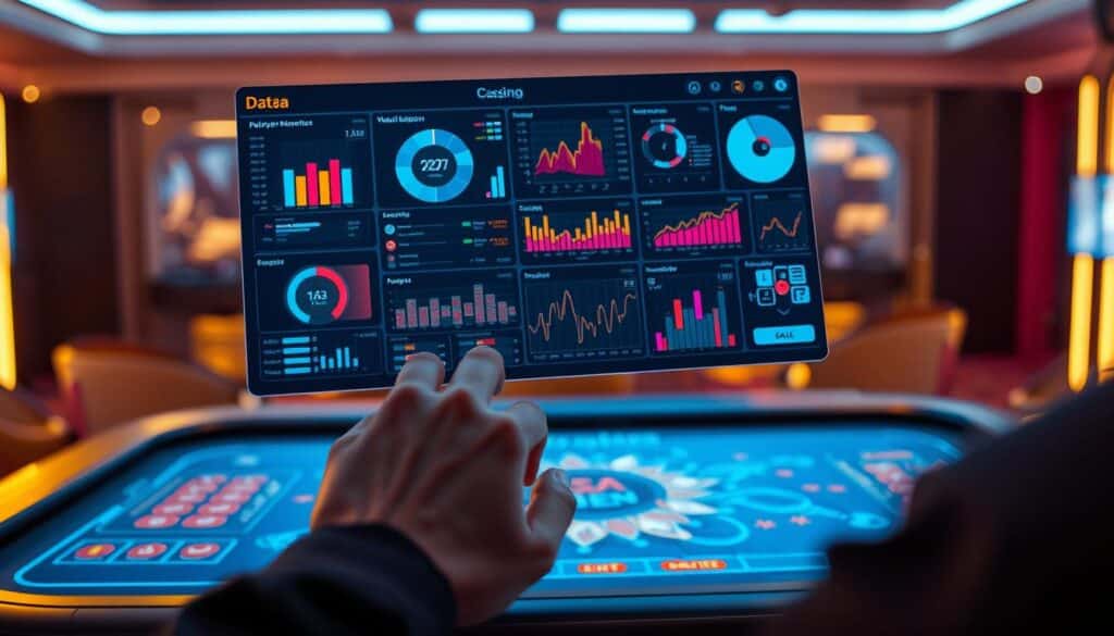 A data analytics dashboard hovers above a gaming table, illuminating the background with a soft, ambient glow. In the foreground, a pair of hands manipulate the controls, analyzing in-depth player behavior metrics and usage patterns. The dashboard displays vibrant visualizations, charts, and graphs, providing deep insights to optimize the online casino's operations and elevate the player experience. The scene conveys a sense of technological sophistication, data-driven decision making, and a commitment to enhancing the interactive entertainment landscape.