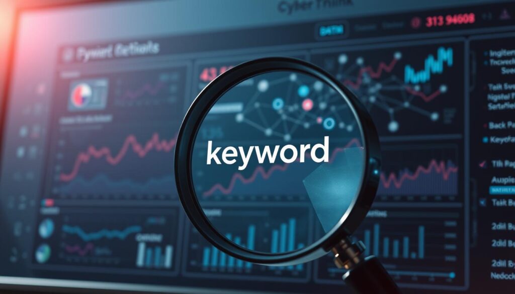 A data-driven analysis dashboard, displaying insightful visualizations and statistics against a sleek, minimalist backdrop. In the foreground, a magnifying glass hovers over a central keyword, casting subtle shadows and highlighting its importance within the strategic framework. The middle ground features a network of interconnected data points, arrows, and charts, conveying the dynamic relationship between keyword optimization and performance metrics. The background immerses the scene in a soft, ethereal glow, evoking a sense of clarity and focus. Dramatic lighting from the side accentuates the depth and three-dimensionality of the dashboard elements, creating a sense of depth and visual interest. The overall mood is one of analytical precision, data-driven insights, and strategic decision-making.