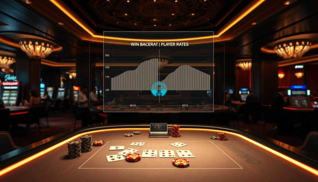 A data-driven analysis of baccarat's win rates, showcasing a detailed comparison between the banker and player hands. The scene depicts a sophisticated casino interior, with a dimly lit, luxurious atmosphere. A sleek, modern baccarat table takes center stage, illuminated by soft, warm lighting that casts dramatic shadows. Elegant cards and casino chips are strewn across the tabletop, while a large, holographic display hovers above, visualizing the win rate dynamics between the banker and player hands. The background features a panoramic view of the casino floor, with wealthy patrons engaged in high-stakes gameplay. The overall mood is one of strategic insight, financial sophistication, and the thrill of the baccarat experience.