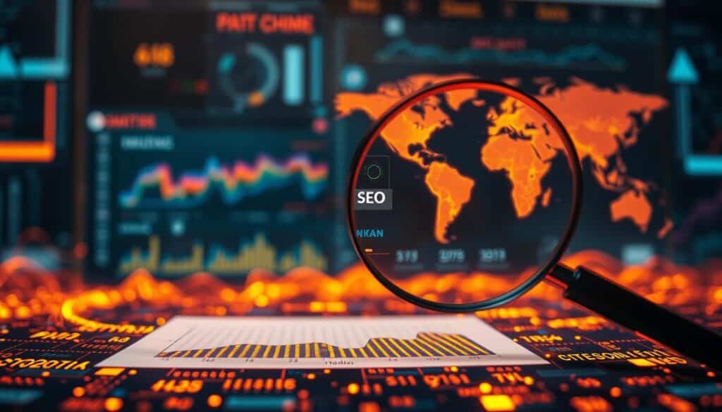 A data-driven digital landscape, illuminated by warm lighting and a subtle depth of field. In the foreground, a magnifying glass hovers over a scatter plot, revealing insights that guide strategic SEO decisions. The middle ground showcases a dashboard displaying web analytics, demonstrating the power of data-driven optimization. In the background, a stylized world map symbolizes the global reach of search engine visibility, achieved through informed, data-backed strategies. The overall scene conveys the critical importance of data analysis in crafting effective SEO tactics that elevate a website's online presence.