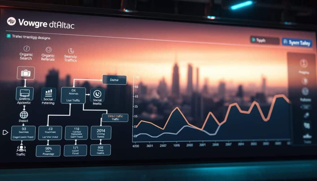 A data visualization dashboard displaying a detailed flow chart analysis of website traffic sources. The foreground shows various web traffic icons and metrics such as organic search, referrals, social media, and direct traffic, arranged in a clear hierarchical structure. The middle ground features a dynamic line graph charting the fluctuations in traffic over time, rendered in a sleek, modern style with muted color palettes. The background depicts a softly blurred cityscape, hinting at the wider business context. Subtle lighting casts a warm, professional glow, while a wide-angle lens captures the comprehensive nature of the analysis. The overall mood is one of insightful data-driven decision making.