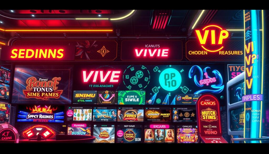 A dazzling array of casino bonuses, free spins, and VIP rewards cascade across a sleek, modern gaming interface. Neon lights glimmer enticingly, casting an energetic glow over the scene. In the foreground, dynamic icons and colorful graphics highlight the various promotional offers, beckoning players to discover hidden treasures. The middle ground features a seamless blend of enticing game thumbnails and vibrant UI elements, while the background showcases an immersive, high-tech environment with a sense of excitement and anticipation. Crisp, cinematic lighting accentuates the luxurious, high-end atmosphere, inviting players to immerse themselves in a world of unparalleled gaming thrills and exclusive rewards.