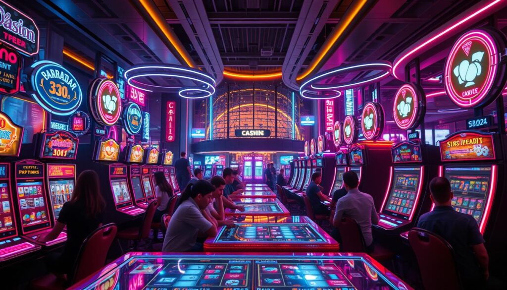 A dazzling array of neon lights illuminate the lively gaming floors of a glamorous casino. Dynamic slot machines and virtual tables beckon players to indulge in a thrilling, high-stakes challenge. The air is charged with the sounds of spinning reels, shuffling cards, and the electric energy of winning big. Dramatic lighting casts dramatic shadows, creating a sense of urgency and anticipation. In the middle ground, groups of players lean in, eyes focused, fingers poised, as they navigate complex gameplay mechanics. In the background, a sleek, modern architectural design frames the scene, adding a touch of sophistication. The overall atmosphere is one of exhilaration, risk-taking, and the pursuit of the ultimate gaming experience.