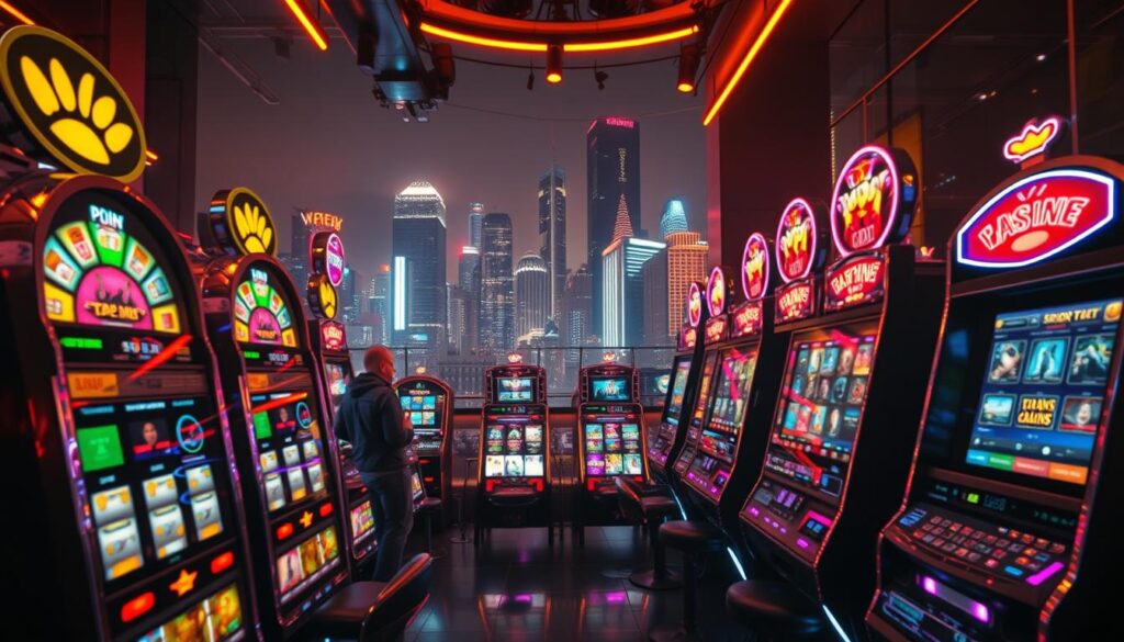 A dazzling array of online gambling activities unfolds before the viewer, captured in a wide-angle lens with a cinematic flair. The foreground showcases vibrant slot machines, their reels spinning with mesmerizing intensity, while the middle ground features a sleek, high-tech interface for various casino games, inviting the player to immerse themselves in the thrilling world of virtual wagering. In the background, a bustling cityscape sets the stage, hinting at the global reach and connectivity of this dynamic industry. The lighting is warm and inviting, creating a sense of excitement and anticipation, while the overall composition and attention to detail convey the unique allure of this captivating online gambling landscape.