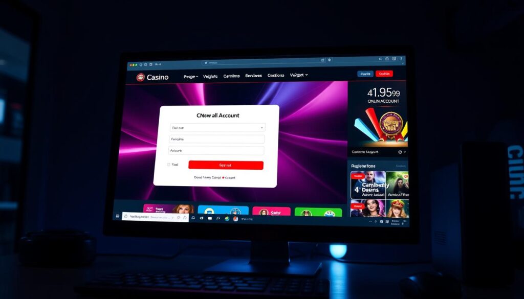 A desktop computer screen displaying a sleek and modern online casino website, featuring a clean layout with vibrant colors and intuitive navigation. In the center, a registration form prompts the user to input their personal details to create a new casino account. The scene is illuminated by soft, directional lighting, casting subtle shadows and highlights that accentuate the depth and textures of the digital interface. The overall mood is one of professionalism, security, and a welcoming user experience, conveying the ease and reliability of opening an online casino account.