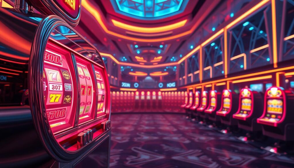 A detailed 3D illustration of a slot machine (老虎機) against a sleek, modern casino backdrop. In the foreground, the slot machine's reels spin hypnotically, their symbols glowing with vibrant colors. The machine's chrome and glass construction reflects the warm, dramatic lighting from above, creating a sense of anticipation and potential riches. In the middle ground, a grid of smaller slot machines recedes into the distance, hinting at the cycles and patterns inherent in the game. The background features a sweeping panorama of the casino interior, with geometric architectural elements and atmospheric lighting that evoke the thrill and seduction of gambling. An air of mystery and mathematical precision permeates the scene, capturing the essence of "老虎機週期與訊號分析".