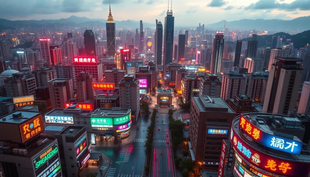 A detailed aerial cityscape of Taipei, Taiwan. In the foreground, an array of brightly lit online gambling establishments, their neon signs and advertisements reflecting off the wet streets. In the middle ground, towering skyscrapers and modern high-rises, representing the financial and commercial heart of the city. The background features the iconic mountains and hills surrounding Taipei, hinting at the natural beauty that contrasts with the urban sprawl. The scene is bathed in a warm, golden light, suggesting the potential profitability and growth of the online gambling market in Taiwan, yet also evoking a sense of contemplation about the regulatory landscape. The image conveys a dynamic, vibrant, and potentially lucrative industry, balanced against the need for thoughtful oversight and governance.