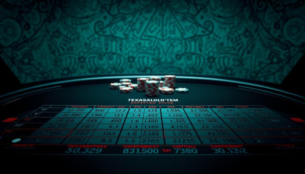 A detailed analysis of Texas Hold'em poker odds and expected value, showcased on a sleek, dark-themed table. In the foreground, a grid of probabilities and payouts, meticulously calculated. In the middle ground, poker chips of varying denominations, representing strategic decision-making. The background features a subtle, abstract pattern evoking the complex mathematical underpinnings of the game. Dramatic lighting casts shadows, heightening the pensive mood as the player contemplates optimal play. Rendered in a cinematic, high-contrast style that emphasizes the gravity of the situation and the importance of understanding the numbers behind each hand.