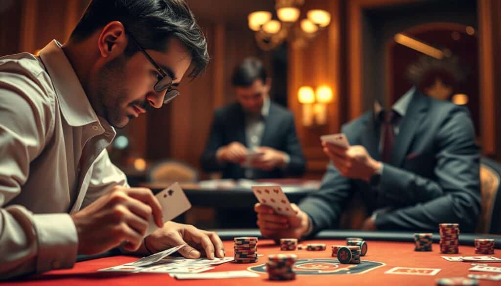 A detailed analysis of a baccarat game, with a focus on the opponent's strategies and techniques. In the foreground, a player meticulously studying the cards and chips on the table, their expression one of intense concentration. In the middle ground, the dealer calmly distributing cards, their movements precise and practiced. The background blurred, emphasizing the importance of the players' actions. Soft, warm lighting illuminates the scene, creating an atmosphere of thoughtful contemplation. The image captures the essence of strategic decision-making in the high-stakes world of baccarat, where every move must be carefully calculated.