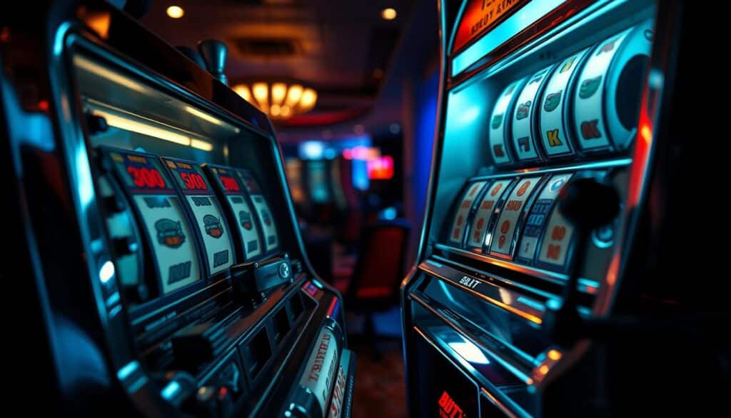 A detailed analysis of a classic slot machine, illuminated by soft, diffused lighting. The foreground features the machine's intricate mechanisms, with precisely-rendered gears, levers, and spinning reels. The middle ground showcases the machine's sleek, chrome-accented design, creating an air of sophistication. In the background, a dimly-lit casino environment sets the mood, with subtle hints of activity and anticipation. The overall scene conveys a sense of careful study and understanding of the machine's inner workings, aligning with the section's focus on analyzing the winning probabilities.