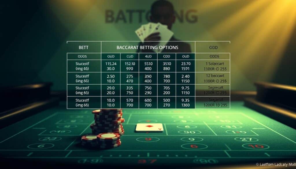 A detailed analysis of baccarat betting options presented as a visually striking infographic. The foreground features a central grid with various betting categories and odds, rendered in a clean, minimalist style with crisp typography. The middle ground showcases baccarat table elements like chips, cards, and a stylized dealer's hand. The background subtly blends the iconic baccarat table felt with geometric patterns, creating a sense of depth and sophistication. Soft, directional lighting accentuates the key information while maintaining an elegant, low-contrast aesthetic. The overall composition conveys a professional, data-driven approach to understanding the nuances of baccarat betting strategies.
