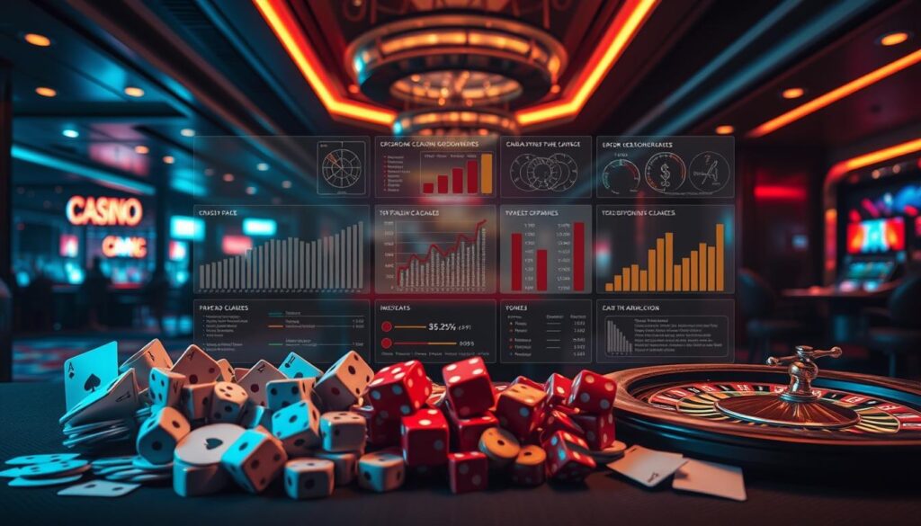 A detailed analysis of common online casino gaming errors, set against a backdrop of a sleek, modern casino interior. The foreground features various casino game icons - cards, dice, roulette wheel - arranged in a disorganized, error-prone manner. The middle ground showcases a series of analytical charts and graphs highlighting the types and frequencies of mistakes made by players. The background has a dimly lit, atmospheric feel with dramatic lighting accents, suggesting the serious nature of the subject matter. The overall mood conveys a sense of thoughtful examination of the pitfalls encountered in online casino entertainment.