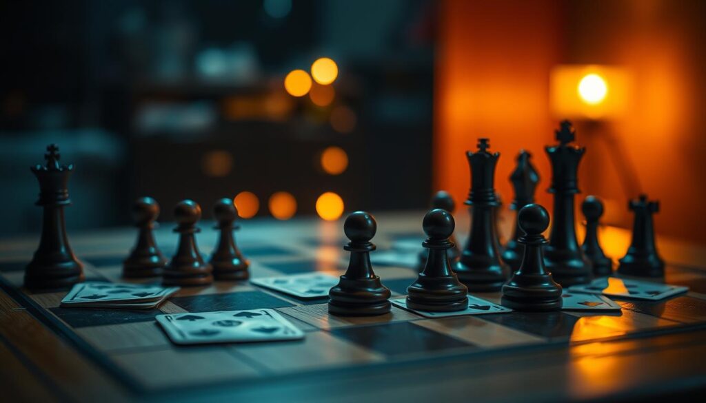 A detailed analysis of common online casino gaming errors, with an emphasis on chess and card games. A thoughtful, serene scene featuring a wooden game board with chess pieces and cards scattered across it, illuminated by warm, soft lighting. The background is blurred, drawing focus to the gameplay elements in the foreground. The overall mood is contemplative, suggesting a deep dive into the nuances of optimal gaming strategy. Subtle visual cues allude to the article's insights and recommendations for improving player performance.