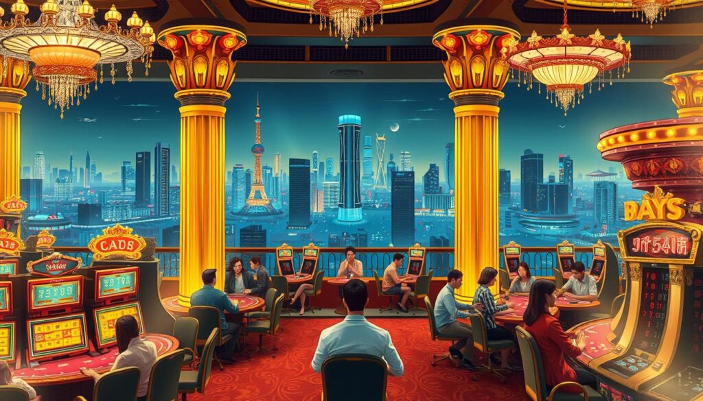A detailed analysis of the advantages and disadvantages of the Caishen Entertainment City, showcased in a thoughtful illustration. The foreground depicts the lavish casino interior, with gilded columns, crystal chandeliers, and high-stakes gaming tables, capturing the allure and excitement of the establishment. The middle ground features patrons engaged in various activities, from slot machines to card games, each expression conveying a sense of anticipation and potential winnings. In the background, a panoramic view of the city skyline sets the scene, hinting at the broader economic and social implications of the entertainment complex. The lighting is warm and inviting, creating an atmosphere of indulgence and opulence. The overall composition should strike a balance between the glamour of the casino and a thoughtful analysis of its merits and shortcomings.