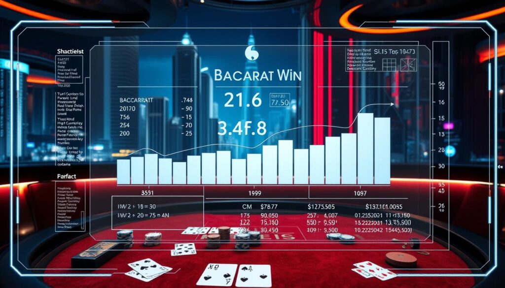 A detailed analysis of the baccarat win rate displayed on a holographic display. The foreground shows the game's statistics and probability calculations, presented in a clean and minimalist data visualization style. The middle ground features a realistic gaming table with cards, chips, and other accoutrements, conveying the atmosphere of a high-end casino. The background depicts a futuristic cityscape with towering skyscrapers, creating a sense of scale and technological innovation. The lighting is soft and directional, accentuating the holographic elements and creating a sophisticated, data-driven ambiance.