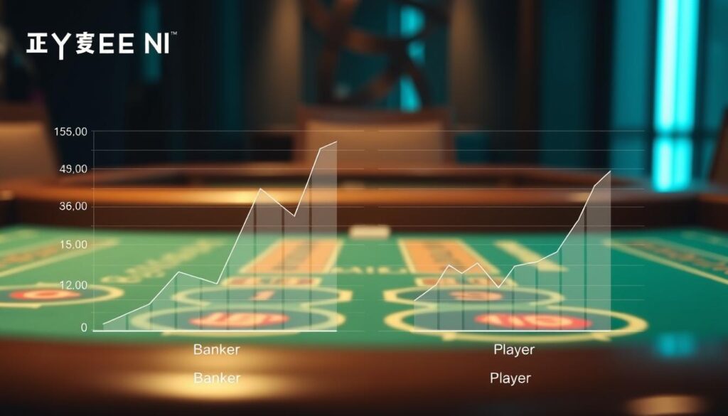 A detailed analysis of the win rates for the banker (莊家) and the player (閒家) in a Baccarat game. The image shows a sleek, modern data visualization dashboard with clean lines and a minimalist aesthetic. In the foreground, there are two graphs - one displaying the historical win percentage for the banker, and the other showing the win percentage for the player. The graphs are presented in a clear, easy-to-read format, with precise numerical data and carefully chosen color schemes. The background features a softly blurred Baccarat table, with the green felt and wooden accents providing a subtle visual reference to the game. The lighting is soft and diffused, creating a sense of sophistication and focus on the analytical data. The overall mood is one of professional, data-driven insights, tailored to the needs of the article's audience.