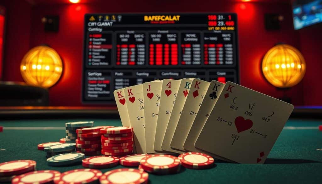 A detailed analysis of various betting strategies for baccarat, showcased against a backdrop of a dimly lit casino table. The foreground features a meticulously arranged spread of casino chips in different denominations, along with a set of playing cards fanned out to reveal the mathematical calculations and probability analysis underlying the strategies. The middle ground presents a sophisticated dashboard displaying win-loss ratios, expected returns, and risk profiles for each approach. In the background, the atmospheric lighting casts a warm, contemplative glow over the scene, evoking the thoughtful, analytical nature of the subject matter.