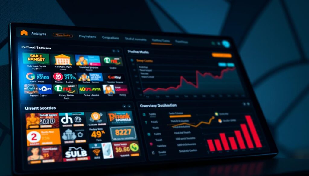 A detailed analysis of various online casino game promotions and bonuses, displayed on a sleek, professional-looking dashboard. The foreground features a grid of colorful icons representing different types of bonuses and offers, with clear data visualizations and charts. The middle ground shows an overview of the current promotional landscape, highlighting key metrics and trends. The background has a subtle geometric pattern or abstract texture, creating a sense of depth and sophistication. Soft, directional lighting casts subtle shadows, emphasizing the clarity and precision of the data presentation. The overall tone is one of informative, data-driven decision-making, inviting the viewer to explore the nuances of the online casino gaming ecosystem.