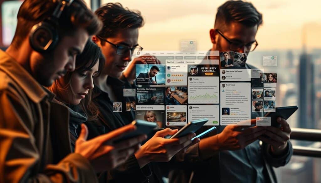 A detailed and expertly composed image showcasing the importance of online gambling site reviews. In the foreground, a group of people intently scrutinizing various gambling websites on their devices, their expressions a mix of concentration and contemplation. The middle ground features a collage of review sites, ratings, and customer feedback, depicted with a sleek, modern aesthetic. The background is a softly blurred cityscape, hinting at the globally connected nature of the online gambling landscape. The lighting is warm and inviting, creating an atmosphere of thoughtful consideration. The composition is balanced, drawing the viewer's eye to the central focus of informed decision-making in the world of online gambling.