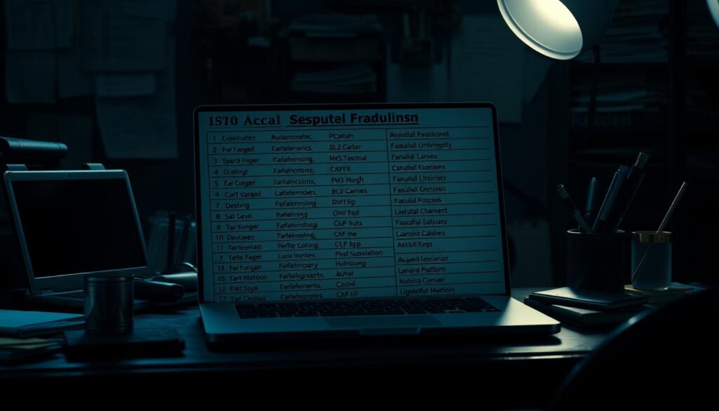 A detailed and photorealistic image of a list of suspected fraudulent online casino platforms, presented against a backdrop of a dimly lit office setting. The list is displayed on an old, worn desk, with a laptop and various office supplies surrounding it, casting dramatic shadows. The lighting is low and moody, creating a sense of seriousness and importance. The camera angle is slightly elevated, giving the viewer a sense of authority and oversight. The overall tone is one of investigation and uncovering deception, reflecting the theme of the article's section on common targets of online casino fraud.
