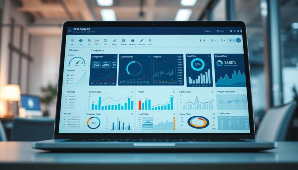 A detailed and professional SEO analysis tool interface displayed on a laptop screen. The foreground shows various analytical graphs, charts, and data visualizations, providing insights into SEO metrics, competitor performance, and keyword rankings. The middle ground features a clean, minimalist design with a sleek, modern aesthetic. The background depicts a soft, blurred office environment, conveying a sense of productivity and focus. The overall image has a cool, slightly muted color palette, with strategic use of lighting to create depth and emphasize the analytical data. The composition is well-balanced, with a clear hierarchy of information to draw the viewer's attention to the key details.