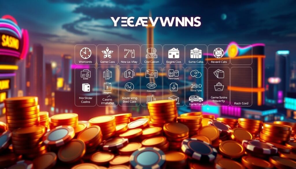 A detailed and visually striking illustration of an online casino's reward system. In the foreground, a stack of golden coins and casino chips cascading against a backdrop of vibrant neon lights, evoking the excitement and allure of high-stakes gambling. In the middle ground, an array of carefully curated icons representing various game types, bonuses, and rewards, arranged in a sleek, minimalist layout. The background features a panoramic cityscape at night, with the casino standing tall and luminous, symbolizing its prominence as a premier entertainment destination. The scene is bathed in a warm, inviting glow, creating an atmosphere of prosperity and opportunity. Crisp, high-definition rendering with a cinematic depth of field, capturing the grandeur and sophistication of the online casino's lucrative reward system.