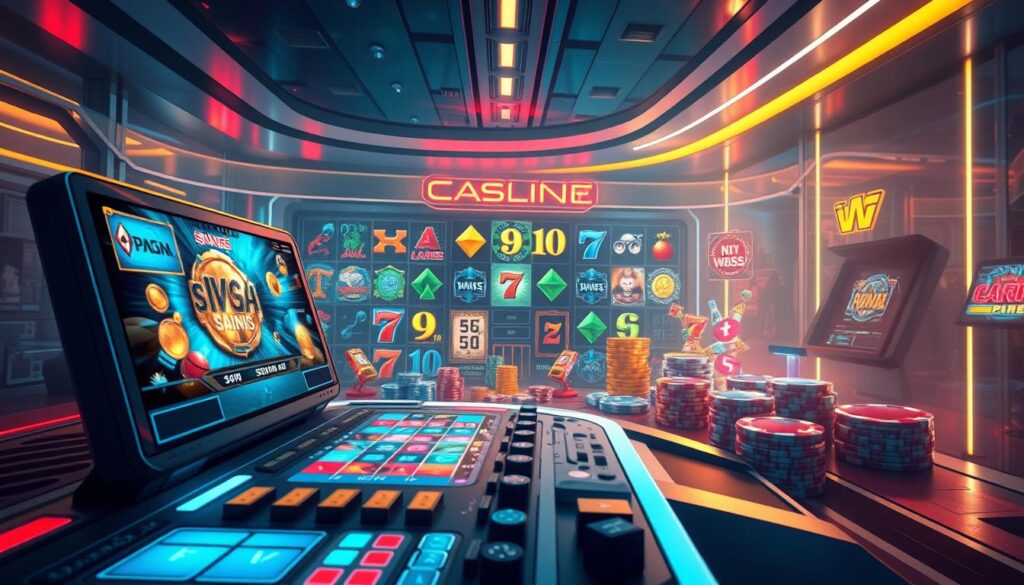 A detailed and visually striking illustration showcasing the latest updates and key features of online casino games. In the foreground, a dynamic game interface with vibrant, high-definition graphics captures the attention, highlighting the immersive gameplay experience. The middle ground features a diverse array of game icons and symbols, each one representing the breadth of gaming options available. In the background, a sleek, futuristic setting with subtle lighting and reflective surfaces creates a sense of technological sophistication. The overall composition conveys a sense of excitement, innovation, and the cutting-edge nature of the online gaming landscape, enticing players to dive into the latest gaming experience.