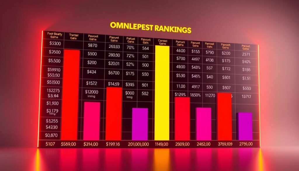 A detailed bar chart displaying the latest rankings and payouts for the top-performing online casinos, illuminated by warm studio lighting and shot with a wide-angle lens to capture the comprehensive data. The chart features crisp, legible typography and precise numerical values, conveying a sense of authority and professionalism. The background is a clean, neutral palette, allowing the information to take center stage and command attention. The overall mood is one of clarity, transparency, and data-driven decision-making, reflecting the article's aim to provide readers with a definitive guide to the best online casino bonuses and rewards.