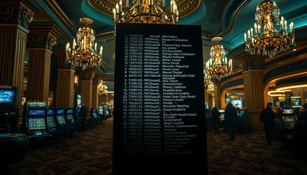 A detailed, chiaroscuro-lit scene depicting a list of names and personal information scrolling against a backdrop of a luxurious casino interior, adorned with opulent chandeliers, gilded columns, and plush carpeting. The list is prominently displayed, casting an ominous shadow across the scene, suggesting a sinister underbelly to the alluring facade of the entertainment establishment. The lighting is dramatic, creating a sense of tension and foreboding, as if the viewer is being drawn into a world of deception and fraud. The composition is balanced, with the list taking center stage, while the lavish surroundings serve to heighten the contrast and draw the eye to the core subject matter.